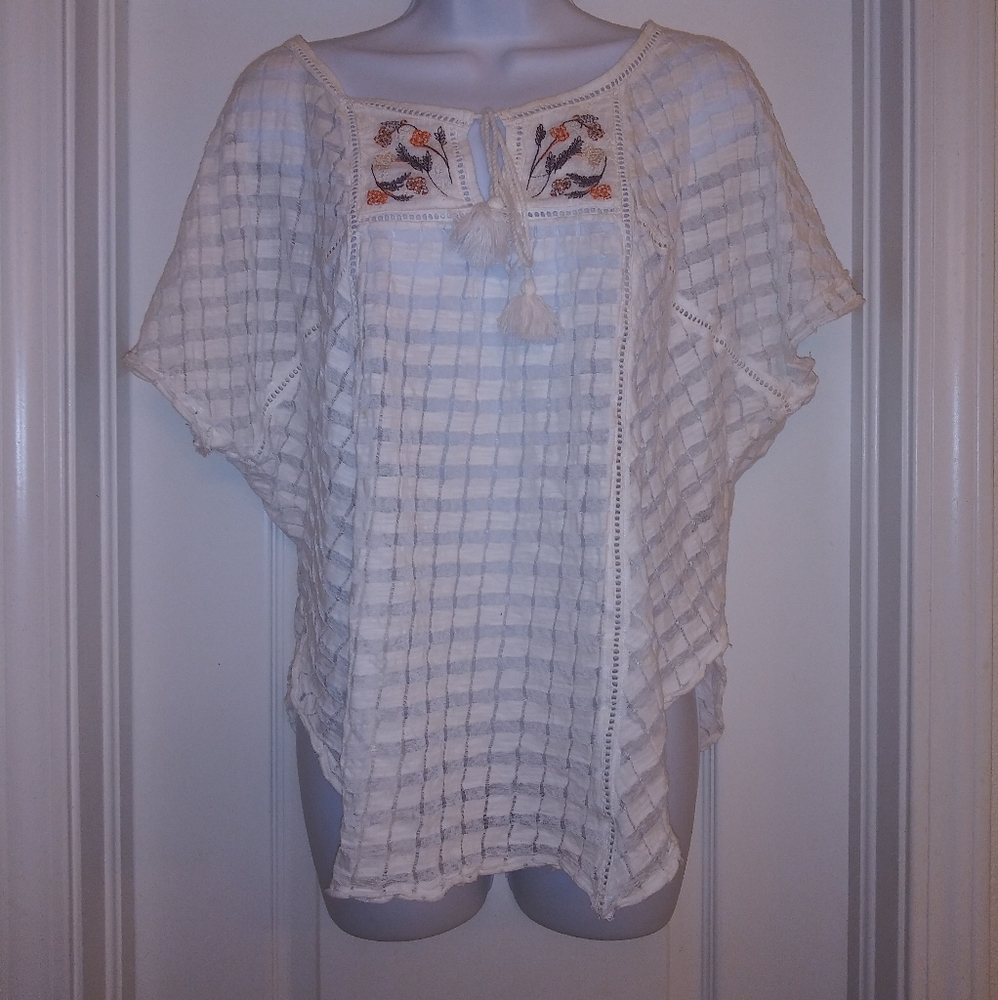 Free People Tassel Tie Embroidered Peasant Top